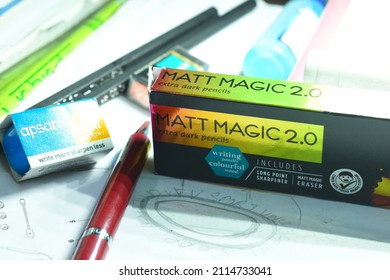 Guwahati, Assam, India- 23 January 2022: A packet of Apsara magic pencil with its pencils along with a pen. its a Writing Pencils with colourful wood