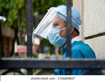 Guwahati, Assam, India. 8 May 2020. Security Personnel Seen Wearing Protective Shield At B Borooah Cancer Institute, Institute Being Closed For Three Days After Some COVID-19 Cases Were Reported.