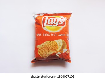 Guwahati, Assam, India - May 01, 2021 : Famous Indian Potato Chips Brand Lay's West Indies Hot And Sweet Chilli. 