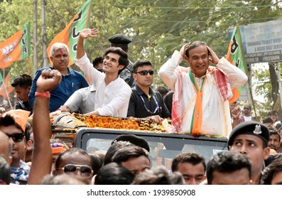 Guwahati, India. 19 March 2021. Bharatiya Janata Party  (BJP) Candidate From Jalukbari Constituency Himanta Biswa Sarma Waves At His Supporters During A Rally Before Filing His Nomination Papers.