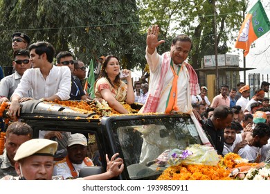 Guwahati, India. 19 March 2021. Bharatiya Janata Party  (BJP) Candidate From Jalukbari Constituency Himanta Biswa Sarma Waves At His Supporters During A Rally Before Filing His Nomination Papers.