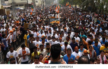 Guwahati, India. 19 March 2021. Bharatiya Janata Party  (BJP) Candidate From Jalukbari Constituency Himanta Biswa Sarma Waves At His Supporters During A Rally Before Filing His Nomination Papers.