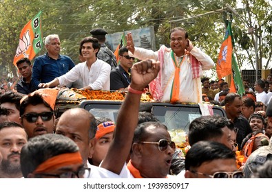 Guwahati, India. 19 March 2021. Bharatiya Janata Party  (BJP) Candidate From Jalukbari Constituency Himanta Biswa Sarma Waves At His Supporters During A Rally Before Filing His Nomination Papers.