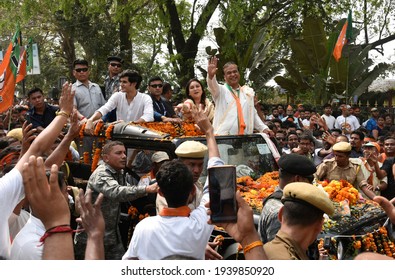 Guwahati, India. 19 March 2021. Bharatiya Janata Party  (BJP) Candidate From Jalukbari Constituency Himanta Biswa Sarma Waves At His Supporters During A Rally Before Filing His Nomination Papers.