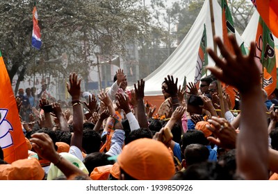 Guwahati, India. 19 March 2021. Bharatiya Janata Party  (BJP) Candidate From Jalukbari Constituency Himanta Biswa Sarma Waves At His Supporters During A Rally Before Filing His Nomination Papers.