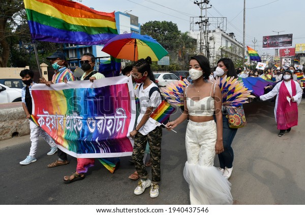 Guwahati,\
India. 21 March 2021. Members and supporters of the lesbian, gay,\
bisexual, transgender (LGBTQI) participate in the pride parade amid\
COVID-19 coronavirus  pandemic in\
Guwahati.