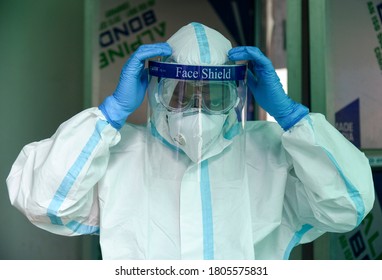 Guwahati, India. 30 August 2020. A Health Worker Wearing PPE Kit, Ready To Take Swab Sample For COVID-19 Coronavirus Tests, In Guwahati.