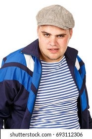 Guy From The 90s. Portrait Of A Russian Guy In A Track Suit. Portrait Fat Man. White Isolated Background