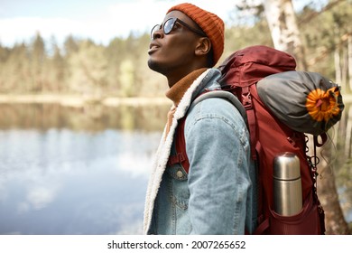 Guy astonished by magnificent nature. Afro american wanderer with backpack with tent ready for forest adventures. Seek for new experience, travelling alone, new horizons concept. Copy space - Shutterstock ID 2007265652
