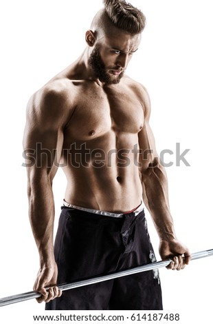 Guy with athletic body doing exercises with barbell isolated on white background. Strength and motivation.