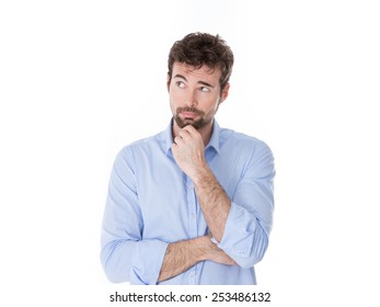 guy in casual clothes looking for an idea for his business