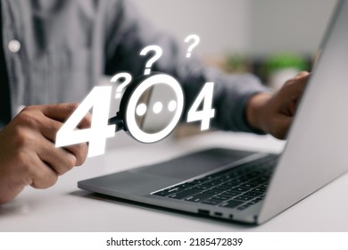 A guy checks an error 404, page not found, online service notice message on a website using a magnifying glass and question marks.