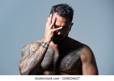 Guy Covered Face With Hands And Doing Stop Gesture With Sad And Fear Expression. Brutal Angry Gang Man Lifestyle, Serious Handsome Guy Covered Face.