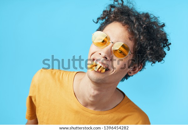 Guy Curly Hair Yellow Glasses Holding Stock Photo Edit Now