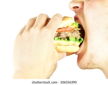 Guy Eating Burger On White