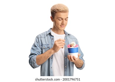 Guy Eating An Ice Cream In A Paper Cup Isolated On White Background