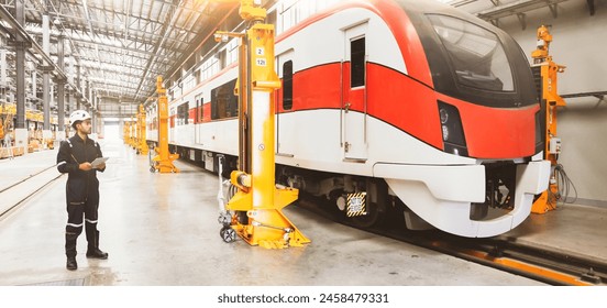 Guy electric train maintenance engineers stand and check trains inside buildings that meet safe standards inspect electrical systems and install necessary equipment on locomotives ensure efficiency.