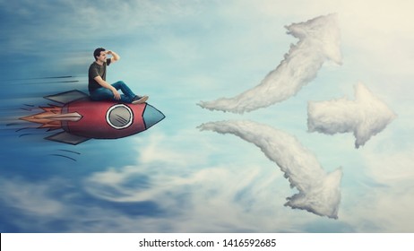 Guy Flying On A Fast Rocket Ship, Hand To Forehead Looking Far Away For Destination, Has To Choose A Way As Cloud Arrows Leads To Three Different Directions. Choice And Difficult Decision Concept.