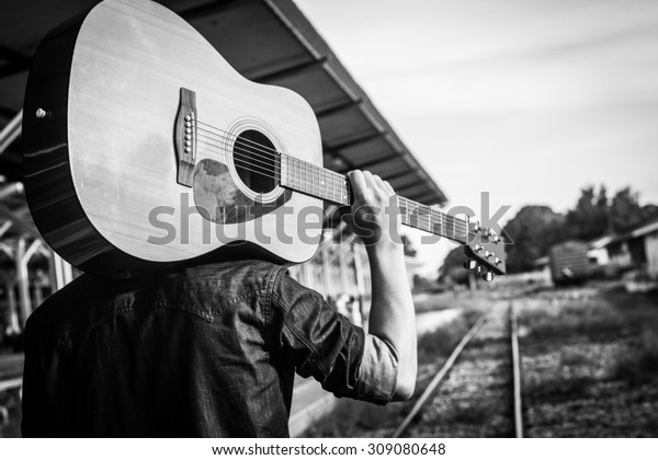 Guy Guitar On Railway Roadblack White Stock Photo (Edit Now) 309080648