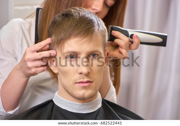 Guy Hair Salon Barber Using Hair Stock Photo Edit Now 682522441