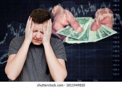 Guy With A Headache Holding On To His Head. Emotions And Feelings Of Regret. Psychological Depression Of A Young Man After Financial Crisis And Economical Challenges 