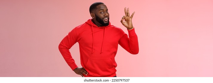 Guy hold everything under control assuring customer show okay sign. Portrait charismatic cheeky black bearded man say ok smiling assured confident you look perfect, standing pleased pink background.