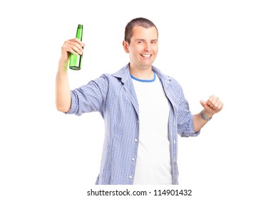 A Guy Holding A Beer Bottle Isolated On White Background