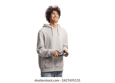 Guy holding a drone cotroller device and looking up isolated on white background - Powered by Shutterstock