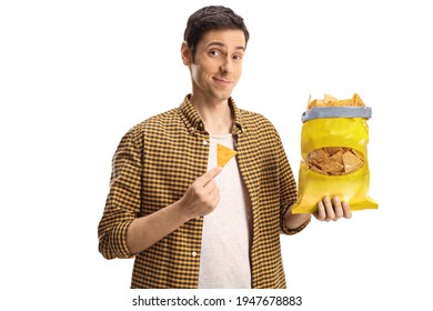 Guy holding a pack of tortilla chips isolated on white background - Powered by Shutterstock