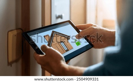 A guy holding a tablet with smart home screen