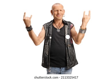 Guy in a leather vest gesturing rock and roll sign with both hands isolated on white background