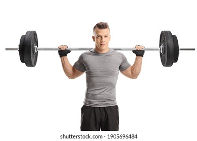 Guy Lifting Weights On Shoulders Isolated On White Background