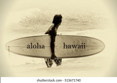 Guy With  Longboard For Surfing Standing In The Ocean. Old Postcard  Style.