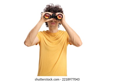 Guy Looking Through Binoculars Isolated On White Background