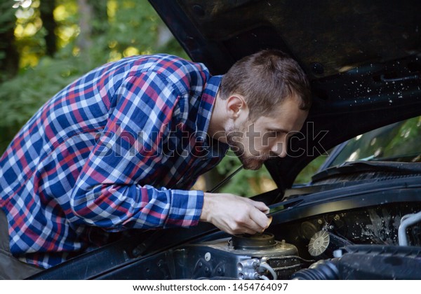 The guy opened the hood of the car\
and looks at the engine. Emergency stop and car\
repair