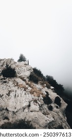 A guy standing on a cliff facing the fog