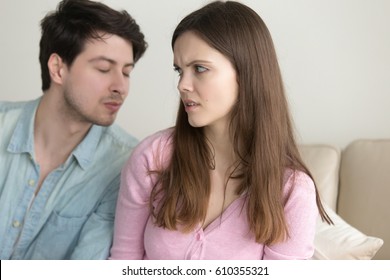 Guy Tries To Kiss Woman, Girl Dislikes Flirting And Rejecting Man, Not Interested, Saying No, Turning Away, Bad Blind Date, Friend Zone, Problems In Relationships, Trying To Make Peace After Quarrel 