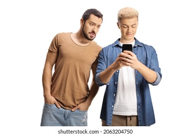 Guy Typing On A Mobile Phone And An Angry Man Spying On Him Isolated On White Background