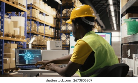 Guy using AI and scanner on awb shipping labels for tracking info with brain automation, package tracking software on a laptop nearby. Online shopping with neural networks support. Camera A.