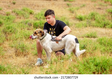 The Guy Walks The Dog On The Lawn In The Park. A Man Plays With A Pet On The Street. An Animal Welfare Volunteer Takes Care Of Homeless Animals At A Shelter. Kazakhstan, Almaty - June 20, 2022