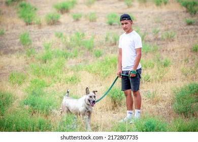 The Guy Walks The Dog On The Lawn In The Park. A Man Plays With A Pet On The Street. An Animal Welfare Volunteer Takes Care Of Homeless Animals At A Shelter. Kazakhstan, Almaty - June 20, 2022