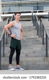 Guy Wearing Sportswear. Muscular Young Fitness Sports Man Athlete In Compression Garment. Staying Fit And Healthy. Ready For Stretching Exercises. Balancing His Mind And Body.