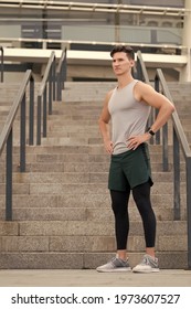 Guy Wearing Sportswear. Muscular Young Fitness Sports Man Athlete In Compression Garment. Staying Fit And Healthy. Ready For Stretching Exercises. Balancing His Mind And Body