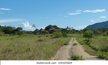 Guyana Jungle Road With Village And Grass Huts In Background