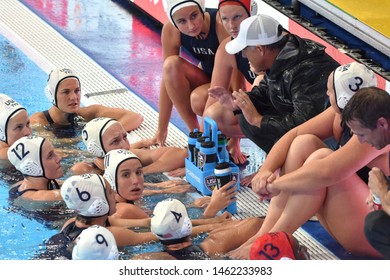 Gwangju, South Korea - July 26, 2019. KRIKORIAN Adam head coach of the USA team speaks to his team in the break. USA played against Spain in the Final of the Women Waterpolo World Championship.