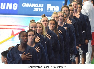 Gwangju, South Korea - July 26, 2019. USA  Women Waterpolo Team Listening The Anthem. USA Played Against Spain In The Final Of The Women Waterpolo World Championship.