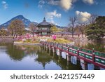 Gyeongbokgung palace with cherry blossom tree in spring time in seoul city of korea, south korea.