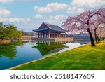 Gyeongbokgung Palace with cherry blossoms in spring in Seoul, South Korea.