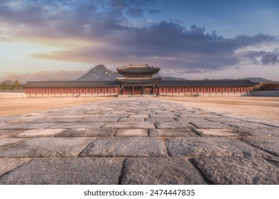 Gyeongbokgung Palace during sunset
Landmark of Seoul, South Korea 
Korean traditional wooden house in Gyeongbokgung The main palace of the Joseon Dynasty - Powered by Shutterstock