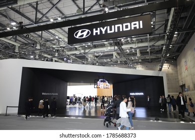 Gyeonggi-do,South Korea-March 2019: The Entrance Of Seoul Motor Show 2019 Inside A Large Venue Hall In KINTEX